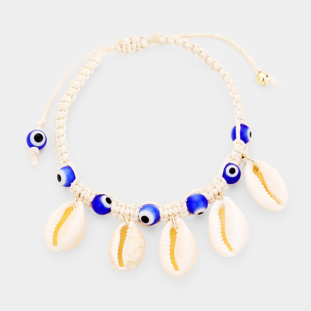 Gold, Ivory Puka Shell Evil Eye Cord Braid Adjustable Cinch Pull Tie Bracelet