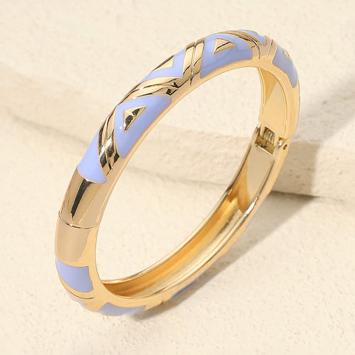 Geometric Pattern Enamel Inlay Hinged Bangle Bracelet - Gold, Purple