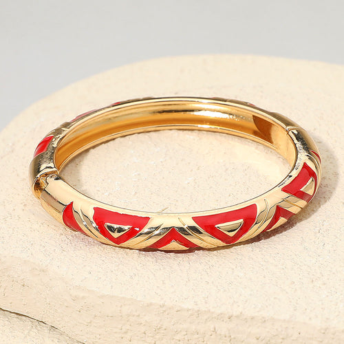 Geometric Pattern Enamel Inlay Hinged Bangle Bracelet - Gold, Red