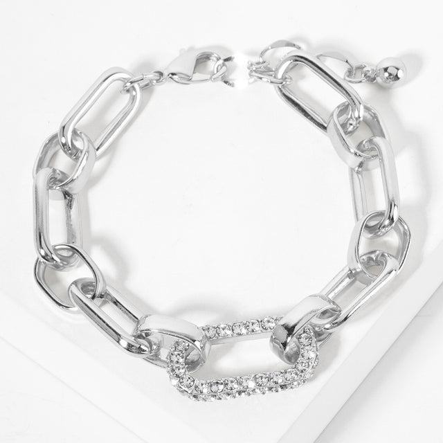 Madeline Love Rhodium White Gold Dipped CZ Stone Paved Oval Ring Pointed Link Chain Bracelet