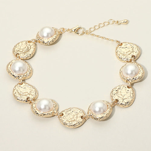 Pearl Accent Textured Disc Link Bracelet - Cream, Gold