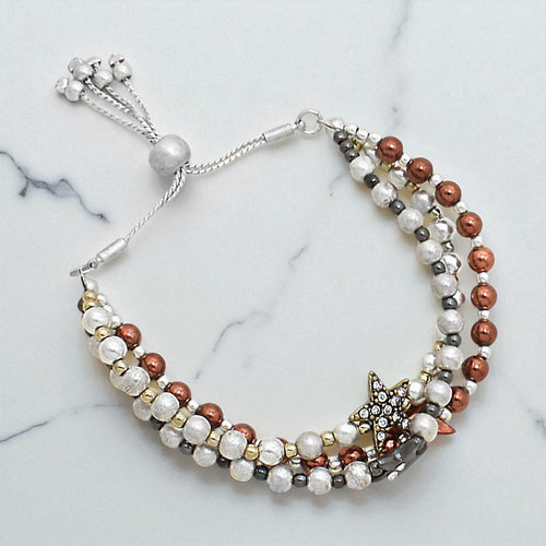Pave Star Beaded Bracelet - Brown, Hematite, Silver, Gold