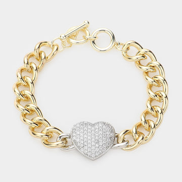 CZ Stone Paved Heart Pendant Accented Chain Toggle Bracelet - Two Tone - Bracelets