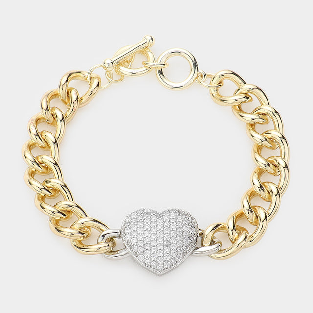 CZ Stone Paved Heart Pendant Accented Chain Toggle Bracelet - Two Tone - Bracelets