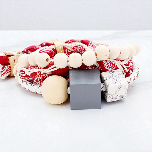 Fabric Braid Wood Cube Adjustable Bracelet - Neutral, Red