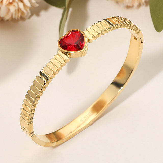 Madeline Love Gold, Red Stainless Steel Heart Stone Accent Hinged Bangle Bracelet - Bracelets