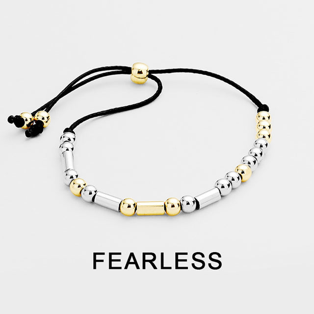 Madeline Love Black, Two Tone FEARLESS Message Morse Code Adjustable Cinch Pull Tie Bracelet - Bracelets
