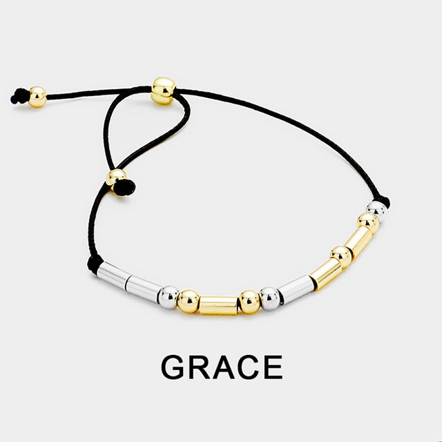 Madeline Love Black, Two Tone GRACE Message Morse Code Adjustable Cinch Pull Tie Bracelet - Bracelets