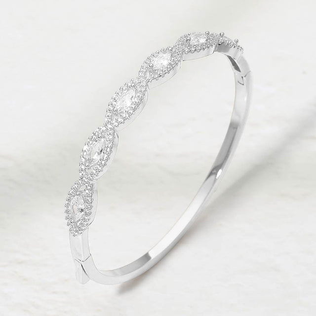 Madeline Love Clear, Silver Rhodium Plated Marquise CZ Stone Cluster Around Hinged Bangle Bracelet - Bracelets