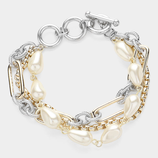 Madeline Love Cream, Two Tone 14K Gold Plated Irregular Pearl Metal Chain Toggle Bracelet