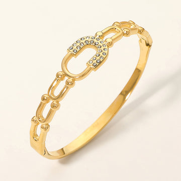 Madeline Love Gold Stainless Steel CZ Pave Horseshoe Accent Hinged Bangle Bracelet - Bracelets
