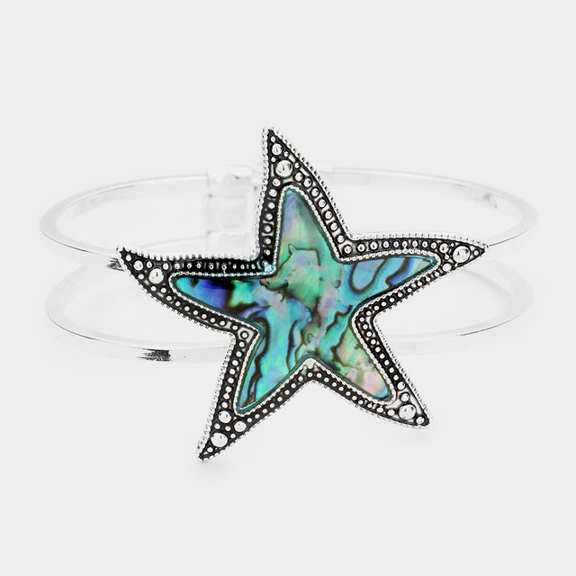 Madeline Love Abalone, Antique Silver Abalone Starfish Antique Metal Hinged Bracelet - Bracelets