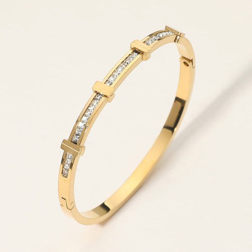 SECRET BOX_Stainless Steel Stone Inlay Sleek Hinged Bangle Bracelet - Gold