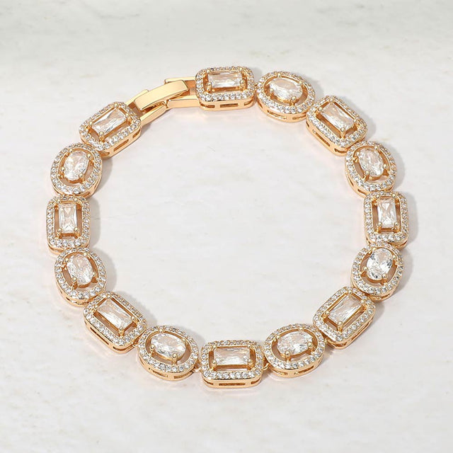 Madeline Love Gold 14K Gold Plated Mixed Cut Halo CZ Link Tennis Bracelet - Bracelets