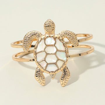 Madeline Love Gold, Mother of Pearl, Neutral Intricate Mother of Pearl Shell Design Turtle Hinged Bracelet - Bracelets