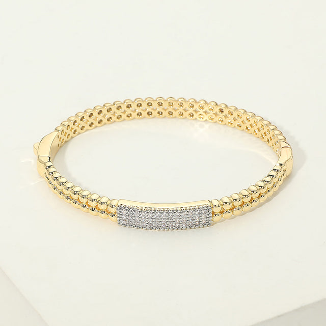 Madeline Love Gold 14K Gold Plated CZ Pave Bar Accent Beaded Hinged Bangle Bracelet