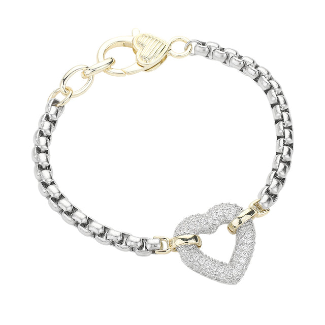 14K Gold Plated Two Tone CZ Stone Paved Open Heart Accented Bracelet - Two Tone - Bracelets