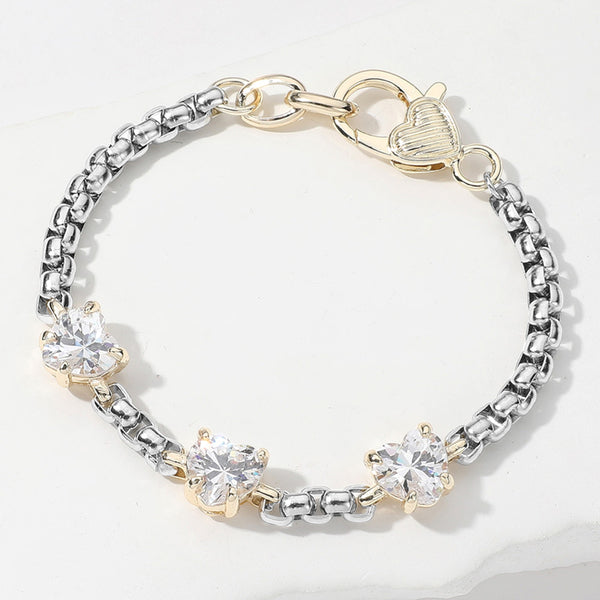 14K Gold Plated Two Tone CZ Heart Stone Custer Pointed Bracelet