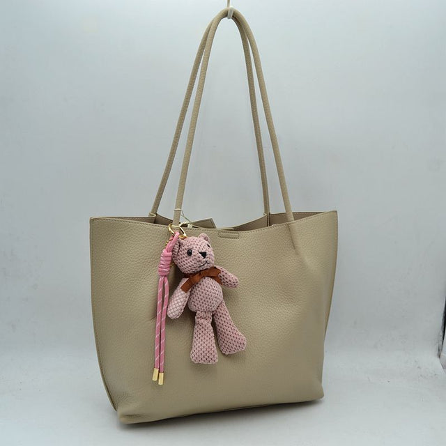 Pebbled Tote Bag with Dual Long Handles and Bear Charm Accent - Beige - Tote Bag