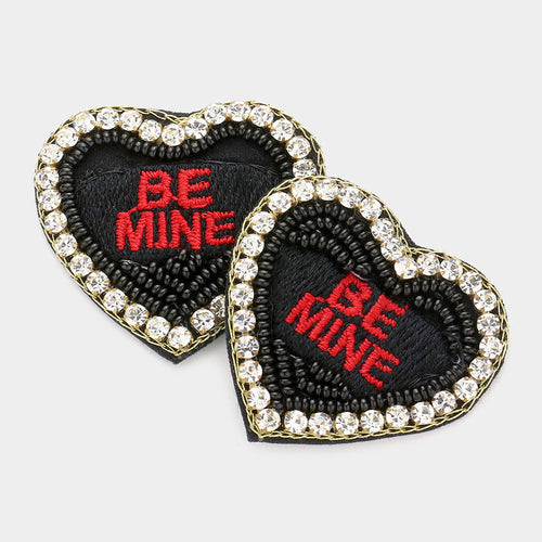Felt Back BE MINE Message Embroidered Seed Bead Stone Embellished Earrings - Black