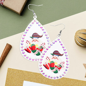 Madeline Love White Stone Trim Santa Claus Xmas Gift Serape Print Metal Teardrop Dangle Earrings