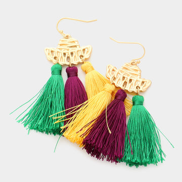Matte gold, Multi Mardi Gras Metal Hat Triple Tassel Link Dangle Earrings