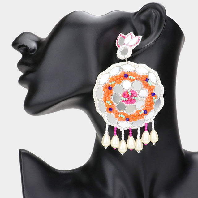 Madeline Love White Faux Leather Back Mirror Boho Sequin Seed Beaded Pearl Dangle Earrings