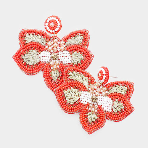 Felt Back Multi Bead Orchid Flower Earrings - Red