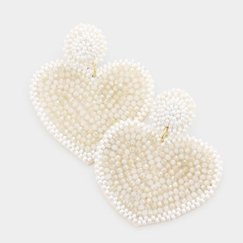 Felt Back Beaded Heart Dangle Earrings - Ivory