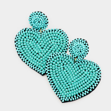 Felt Back Beaded Heart Dangle Earrings - Turquoise - Earrings