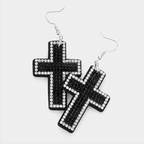 Felt Back Bling Cross Dangle Earrings - Black, Silver