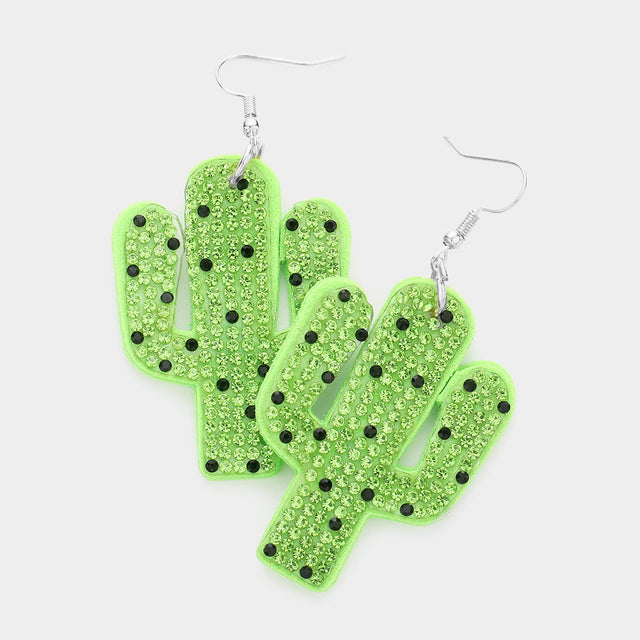 Madeline Love Green, Silver Felt Back Bling Cactus Dangle Earrings