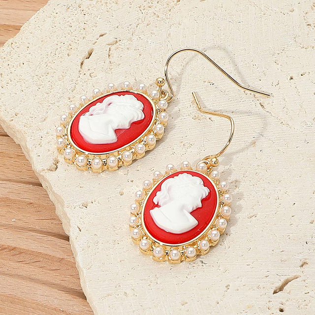 Madeline Love Gold, Red Pearl Rim Vintage Cameo Drop Dangle Earrings