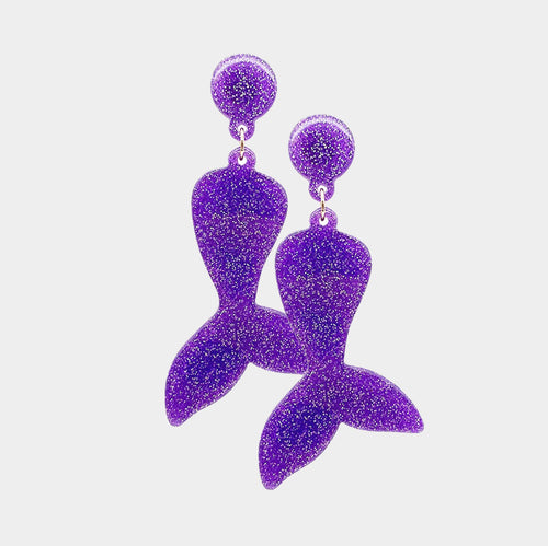 Glittered Resin Mermaid Tail Dangle Earrings - Purple