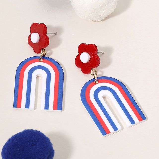 Madeline Love Gold, Multi American USA Flag Colored Resin Flower Arch Drop Dangle Earrings