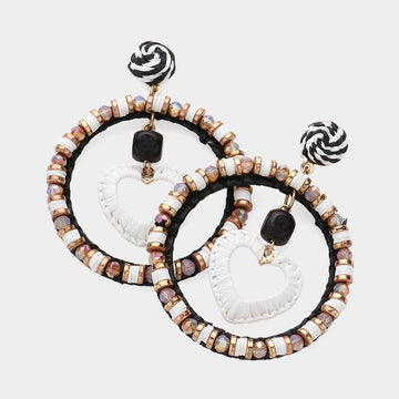 Madeline Love Black, White Straw Heart Accented Heishi Faceted Beaded Open Circle Dangle Earrings