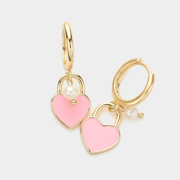 Enamel Heart Pendant Pearl Dangle Huggie Earrings