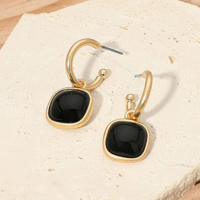 Madeline Love Black, Worn Gold Square Stone Drop Hoop Earrings