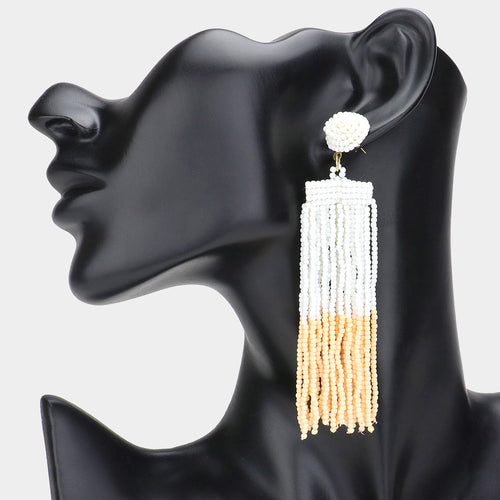 Seed Beaded Tassel Dangle Earrings - White