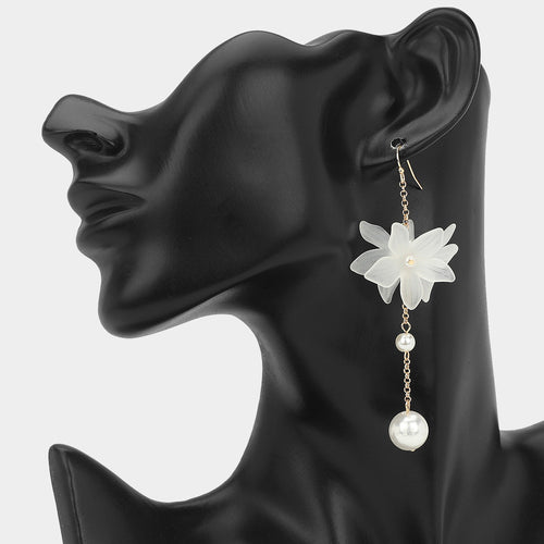 Pearl Accent Chain Detail Floral Long Drop Earrings - G-CM