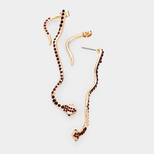 Rhinestone Pave Snake Drop Earrings - Gold, Red