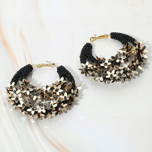 Flower Cluster Accented Seed Beaded Hoop Earrings - Black, Gold