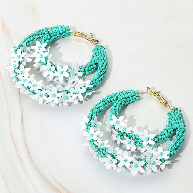 Madeline Love Turquoise, White Flower Cluster Accented Seed Beaded Hoop Earrings