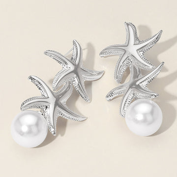 Madeline Love Rhodium Pearl Tip Double Metal Starfish Drop Earrings