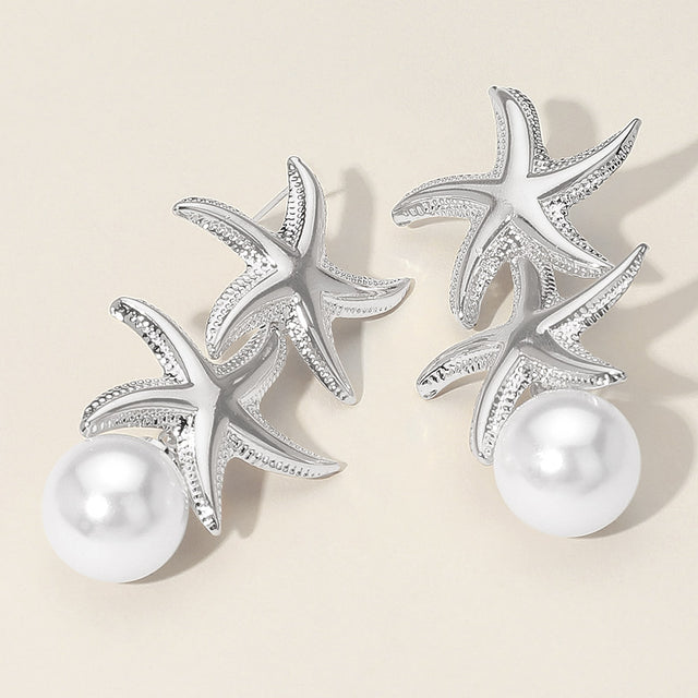 Madeline Love Rhodium Pearl Tip Double Metal Starfish Drop Earrings