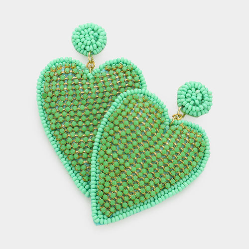Pendientes colgantes de corazón con cuentas de semillas y diamantes de imitación con parte posterior de fieltro - Menta