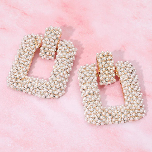 Madeline Love Cream, Gold Bold Pearl Square Door Knocker Earrings
