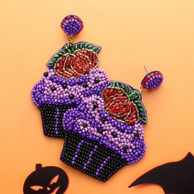 Madeline Love Purple Felt Back Pumpkin Muffin Beaded Dangle Earrings