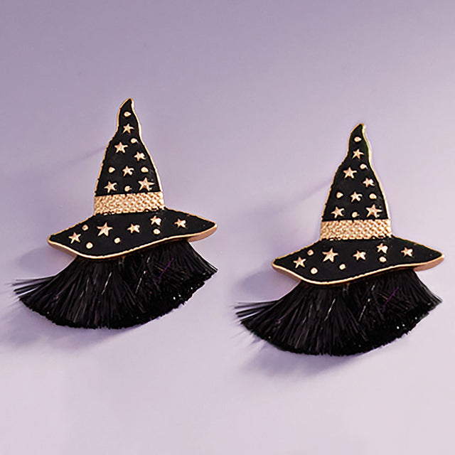 Jet Black Enamel Witch Hat with Tassel Earrings