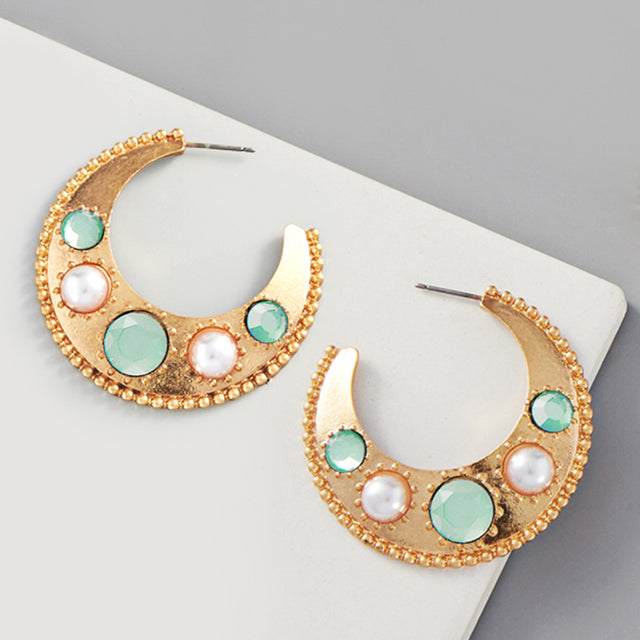 Madeline Love Mint Pearl Bead Embellished Metal Hoop Earrings